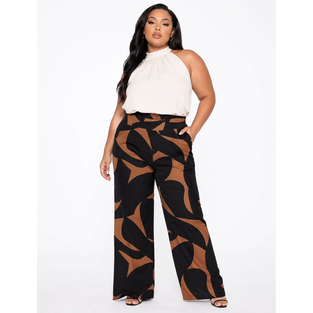 Tribal Womens 2X Flowy Pull On Pant Smocked Back Geometric Print Camel Black NEW